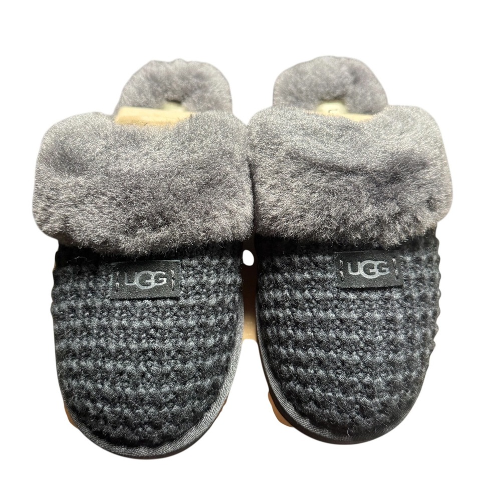 UGG Women Cozy Knit Slipper Black Grey Sheepskin Lining 1117659 Size 8 NEW
